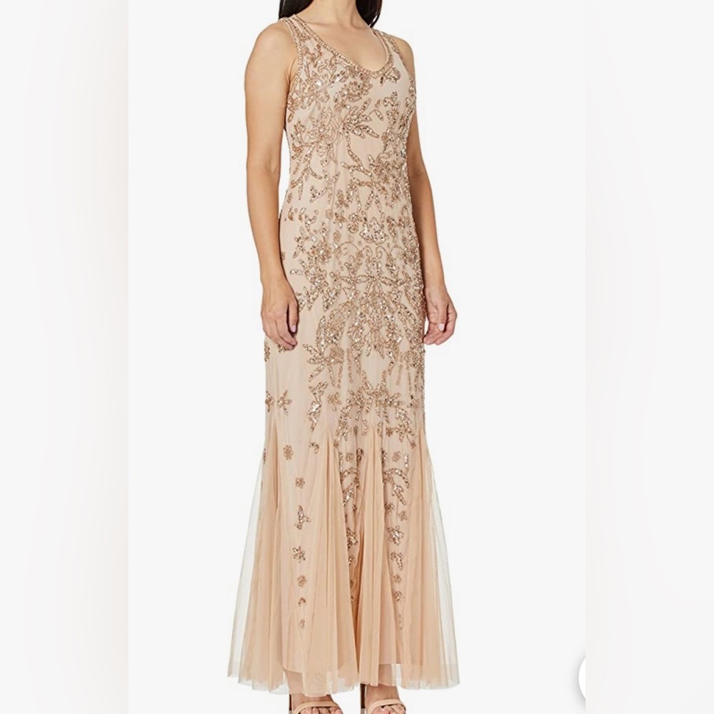Pisarro Nights Blush/Beige Long Dress with Double V-neck, size 6/8